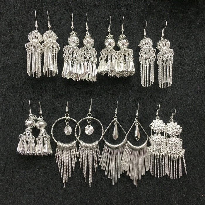 Hmong earrings silver earrings of the ancient national wind long stage installed atmospheric hundred earrings