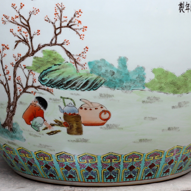 Jingdezhen ceramic hand - made archaize straight spent large goldfish bowl fish bowl lotus cylinder calligraphy and painting tortoise cylinder