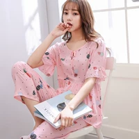 Cô gái tuổi teen đồ ngủ phụ nữ cotton mùa hè tay ngắn quần cotton bông bông phù hợp với học sinh trung học dễ thương dịch vụ nhà trùm đầu - Bộ Pajama bộ đũi nam