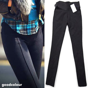 Original Foreign Trade Goodcolour European and American Style Roman Fabric Slimming Leggings with Leather Trim Skinny Pants