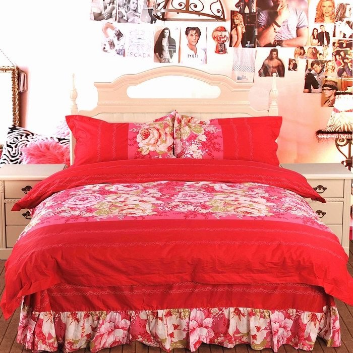Red Fuji Bed Pint FA-8 All-cotton Twill Printed Bed Skirt Wedding four sets Versailles rose cozy-Taobao