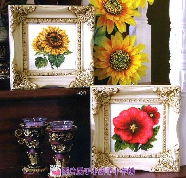 Five Crowns Small House Cross Stitch DMC Kit - Sunflower - Hollyhock Bright Ornament Pair of Flowers