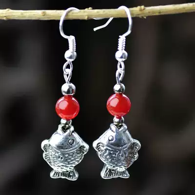 Retro National style jewelry women's natural red agate seedling Silver small fat fish earrings jewelry hot sale 166B