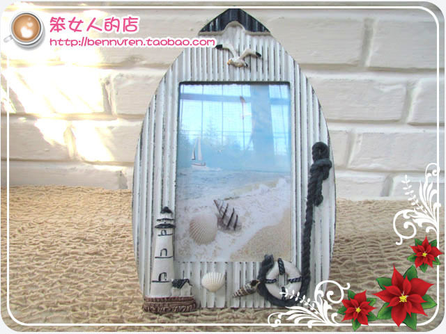 Mediterranean style Blue and white made of old ship-shaped wooden like frame desktop decoration photo frame photo frame E-lighthouse-Taobao