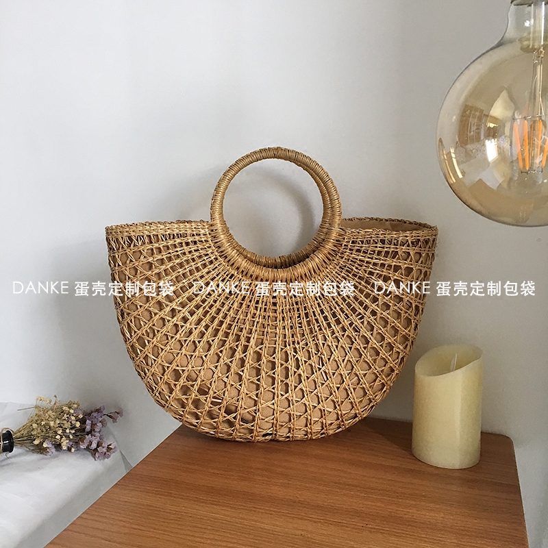 Straw Woven Beach Bag 2024 Summer Hand-Held Woven Bag ins Popular Korean Vacation Style Hollow Half-Moon Bag