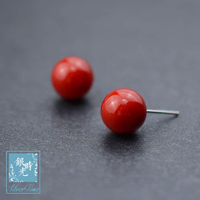 Silver time S925 pure silver ear nails red fruit ball ear nails creative sweet temperament coral ear decoration woman