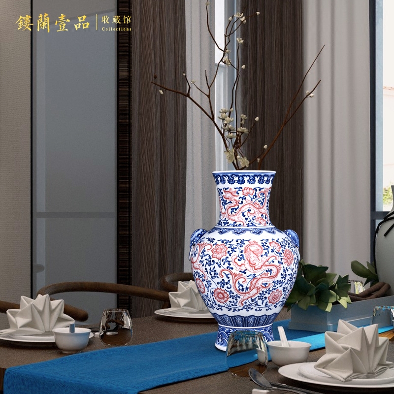 Jingdezhen blue and white dragon ceramics imitation the qing qianlong ears big vase Chinese style living room home furnishing articles