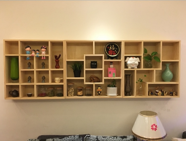 Can be set as partition wall wall-mounted shelve wood grid teapot teapot display small ornament creative plaid shelf