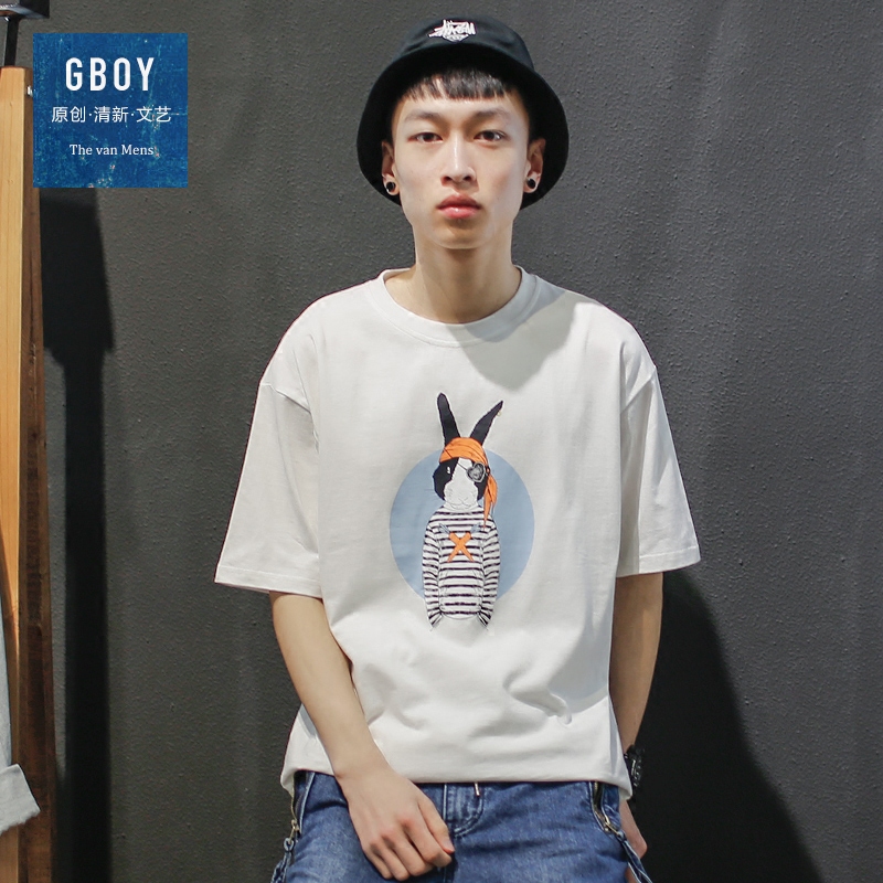 GBOY夏季潮流T恤男短袖日系纯色卡通兔子印花上衣青年宽松打底衫
