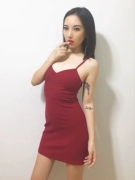 [] Châu Âu và Hoa Kỳ retro V-Cổ nhỏ Một từ eo cao giảm béo chủ đề dây đeo váy dưới váy