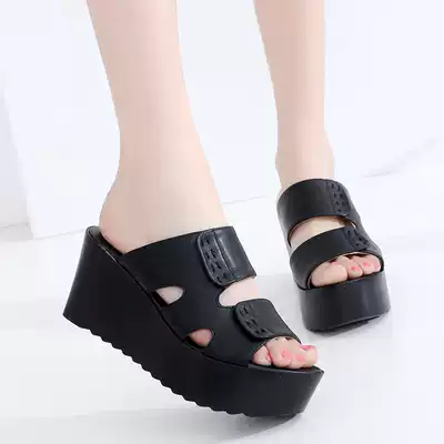 Women's summer new leather slippers one-word drag wedge heel thick-soled Korean version of muffin heel wear women's slippers flat women's shoes