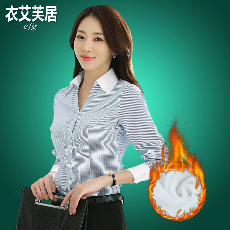 Glint Thickened Warm Striped Shirt Woman Long Sleeve Career Workwear Positive Dress V-collar Shirt Autumn Winter New