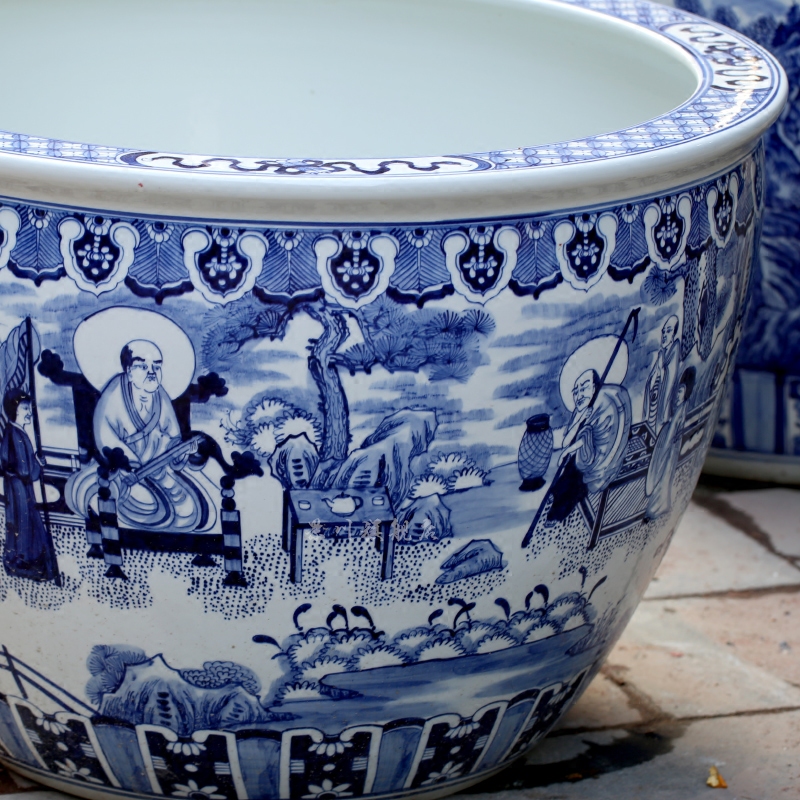 Hand - drawn characters archaize big fish tank of blue and white porcelain jingdezhen chinaware lotus sleep bowl lotus tortoise calligraphy and painting cylinder