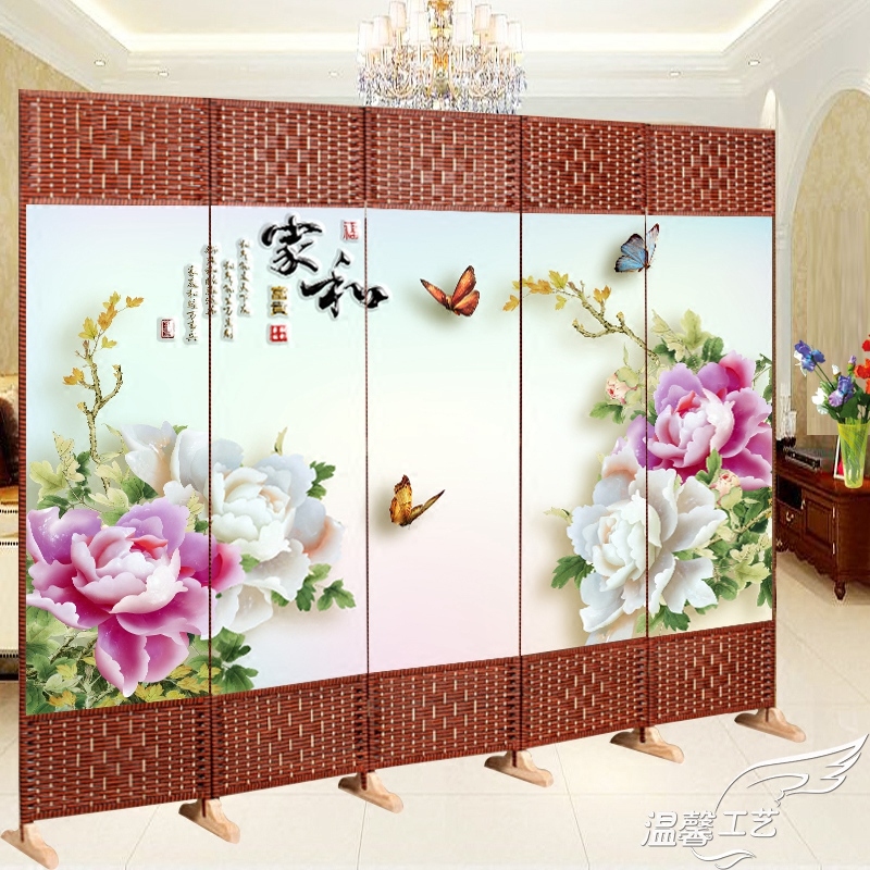 Folding screen partition wall Bedroom living room household decoration Movable solid wood push-pull waterproof double-sided fabric foyer