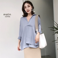 MMCO ◆ 2018 mùa xuân và mùa hè sản phẩm mới kết cấu lụa tính khí áo sơ mi dài tay áo đầu gối dài váy của phụ nữ màu xanh đầm dự tiệc