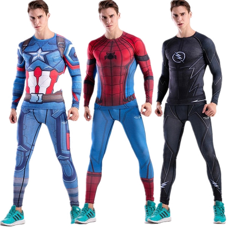 Avengers Spider-Man Captain America Superman Sports Fitness Tights Men's Elastic Basketball Football Long Sleeve Pants Set