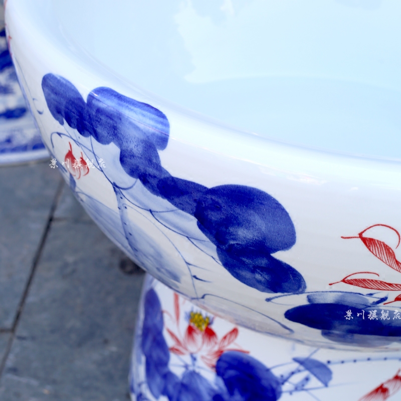 Jingdezhen ceramics large brocade carp goldfish bowl water lily lotus tortoise cylinder cylinder freehand brushwork in traditional Chinese home decoration furnishing articles