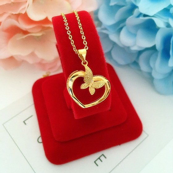 New women's sand gold necklace copper gold-plated 24K imitation gold butterfly love pendant clavicle chain non-fading jewelry