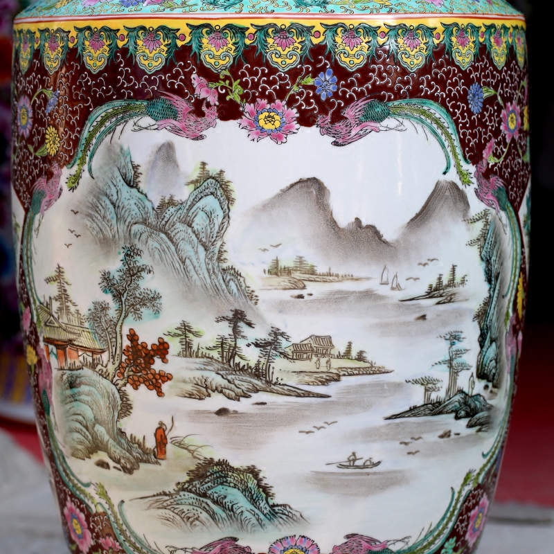 Hand - made pastel landscapes ears landing big vase jingdezhen ceramic furnishing articles of Chinese style household living room decoration