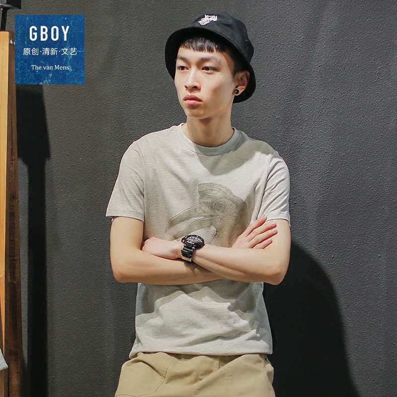GBOY夏季潮流T恤男短袖青年纯色复古大嘴鸟印花体恤日系水洗上衣