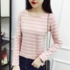 Mùa xuân và mùa thu mới cổ tròn hem chia tay áo thun dài tay nữ thủy triều sọc hoang dã áo sơ mi nữ áo sơ mi nữ hàn quốc Mùa xuân