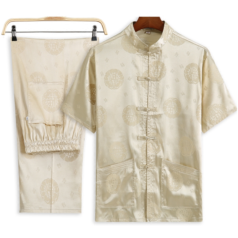 Silk Tangwear Men Short Sleeve Summer Middle-Senior Chinese Daddy Fashion with Smooth Old Man Clothes