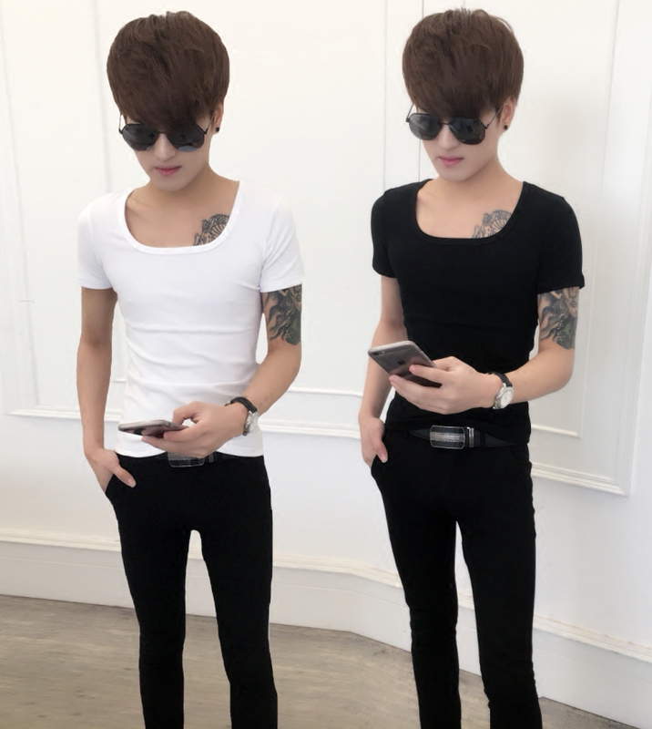 T-Shirt for Men, Slim Fit, Pure Cotton, Low Collar, Half-Sleeve, Trendy, Youthful Style, 2026 Korean Version, Tight-Fitting, Stretchy, Small Size, Men's Short-Sleeve