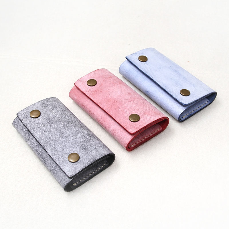 Slow Work Waxing Buffalo Leather Simple Key Bag Double Press Buttoned Tannic Bull Leather Triple Fold Key Card Bag Pure Hand Sewn