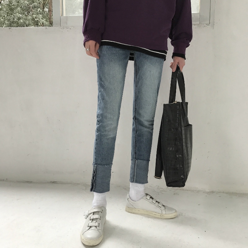 【JM】17ss 春夏 韩风系 复古浅蓝色 裤口大褶边修身九分牛仔裤男