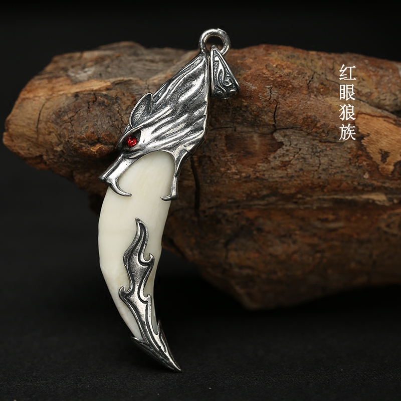 Sterling Silver 999 Wolf Dog Tooth Pendant Men's Sterling Silver Necklace with Real Mastiff Dog Teeth for the Year of Birth Couple's Birthday