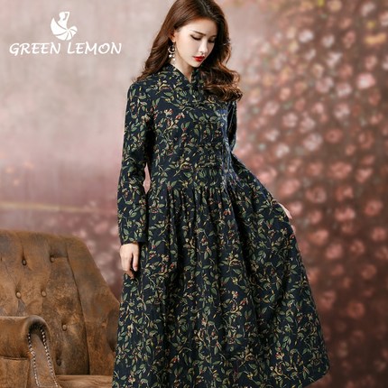 春秋冬新款长裙加厚全棉碎花连衣裙盘扣蓬蓬裙