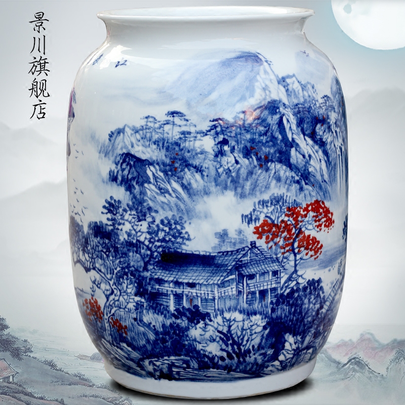 Jingdezhen ceramic hand - made landscape painting vase household living room office furnishing articles study calligraphy and painting scroll to receive goods