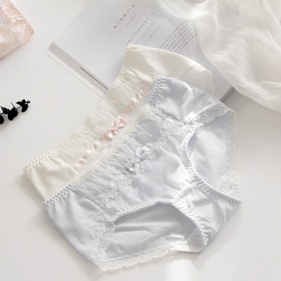 日系褶皱蕾丝雪纺纱甜美蝴蝶结少女中腰内裤女士纯棉短款包臀无痕