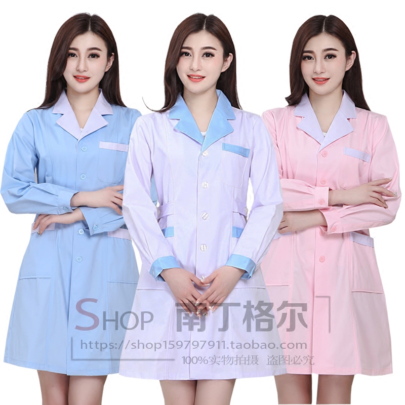 Nurse serving long sleeve woman with white coat and short sleeve blue drugstore doctor served winter clothing beauty salon tattooed work clothes