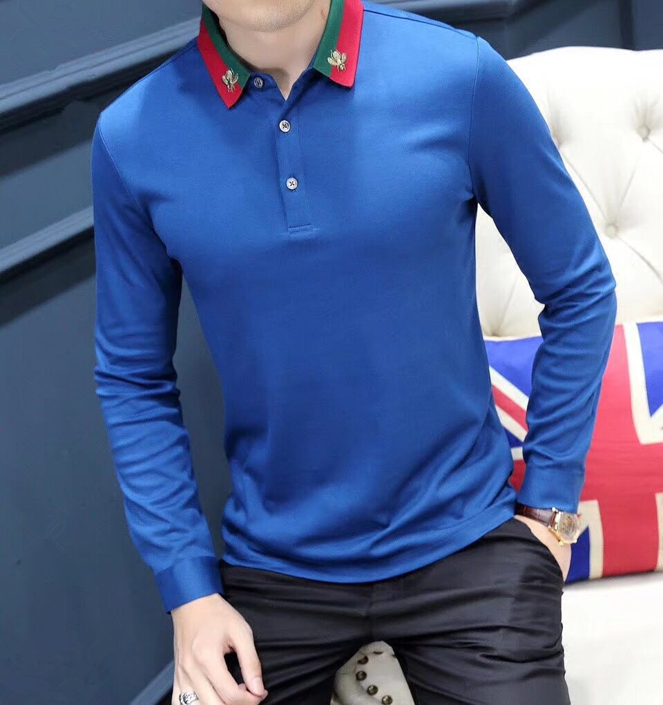 2017秋季潮牌小蜜蜂红绿条纹翻领男纯色长袖T恤polo衫丝光珠地棉