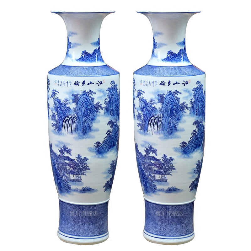 Jingdezhen ceramics hand - made landing big blue and white porcelain vase home sitting room hotel furnishing articles craft gift