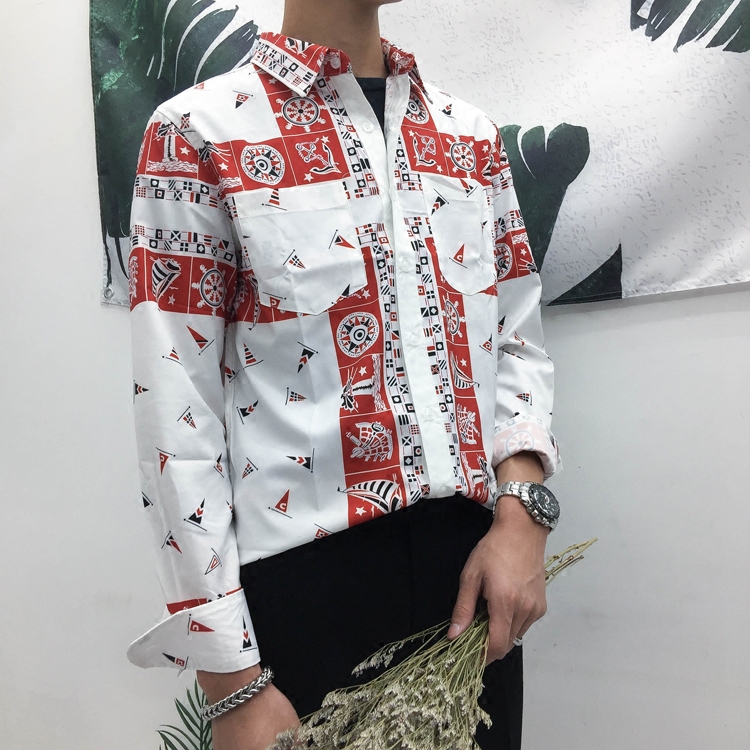 权志龙GD同款衬衣 几何帆船游轮图案 印花宽松长袖衬衫男女潮