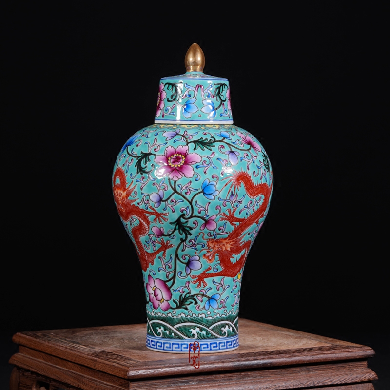 Jingdezhen porcelain vases, antique hand - made enamel pastel color green dragon cover half the name plum bottle vase furnishing articles
