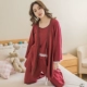 Bộ đồ ngủ dài cho phụ nữ mùa xuân và mùa thu phần mỏng cotton thuần Nhật Bản phong cách kimono retro dài tay phục vụ tại nhà cho phụ nữ ba mảnh địu - Cha mẹ và con