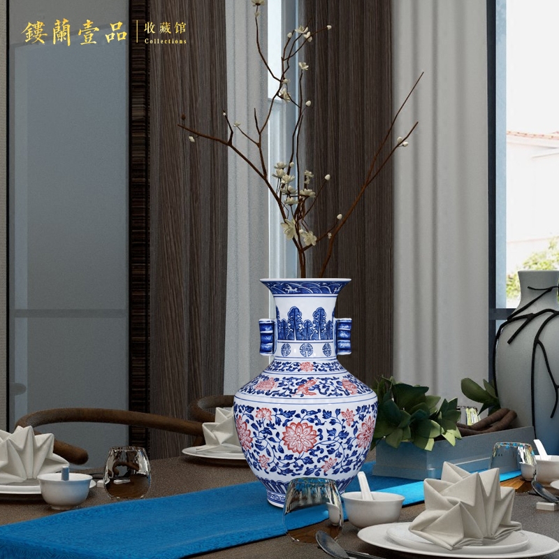 Jingdezhen ceramics imitation the qing qianlong blue tie up lotus flower ear vase Chinese style living room home furnishing articles