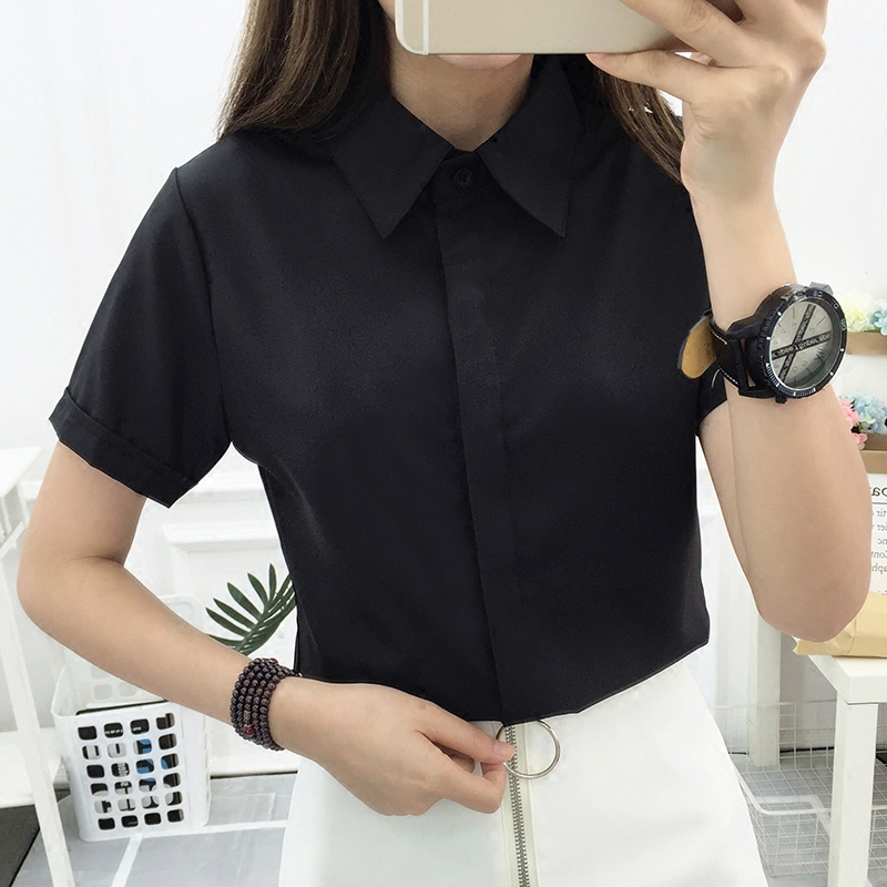 2021 New Black Short-Sleeved Shirt for Women, Versatile, Loose-Fitting, Professional Ol Style, Simple Student Shirt, Elegant Base Top