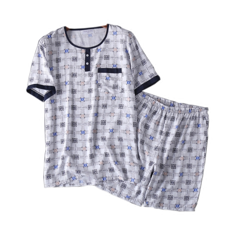 Summer mens mới lụa bông cotton mát nhân tạo quần short ngắn tay nhà mặc tinh khiết bông kẻ sọc pajama bộ.