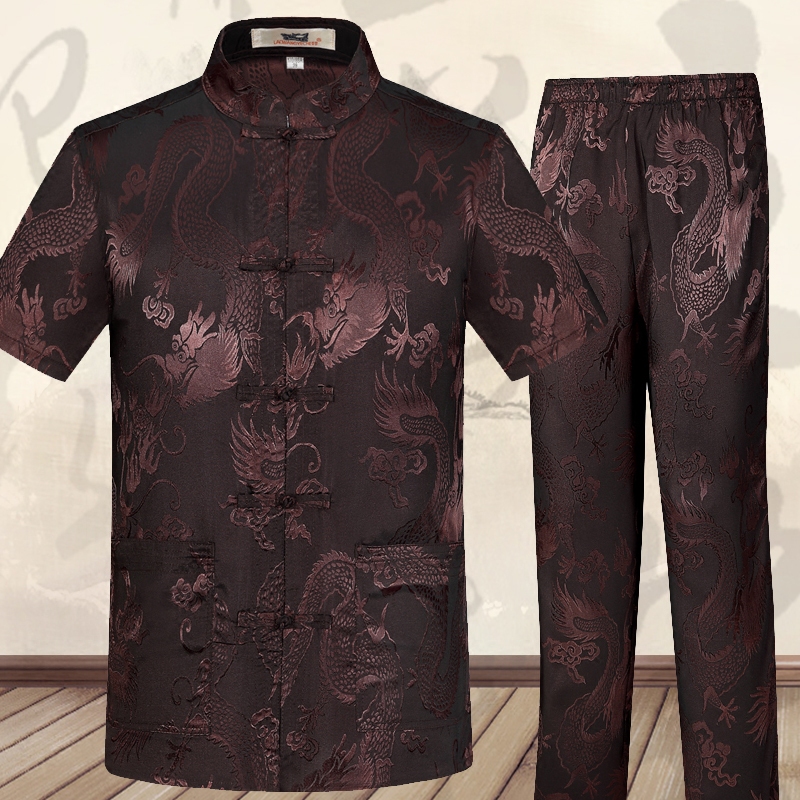 Middle Aged Tang Dress Short Sleeve Men Suit Summer Shirt Upright Collar Chinese Pan Button Loose big size Dad Grandpa