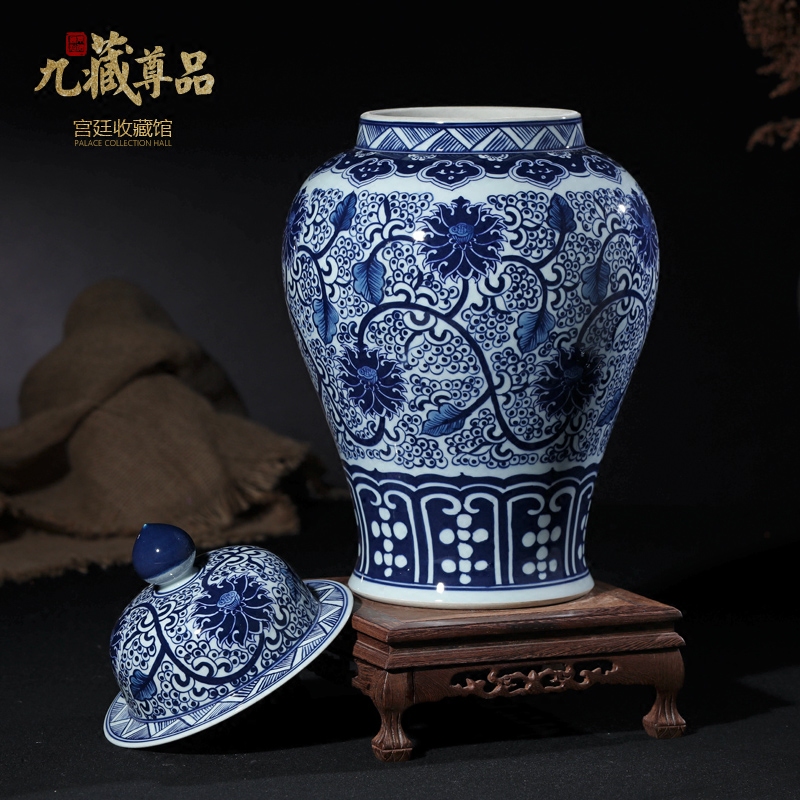 Jingdezhen blue and white porcelain ceramic vase put lotus flower general grain tank Chinese style living room TV cabinet storage tank furnishing articles