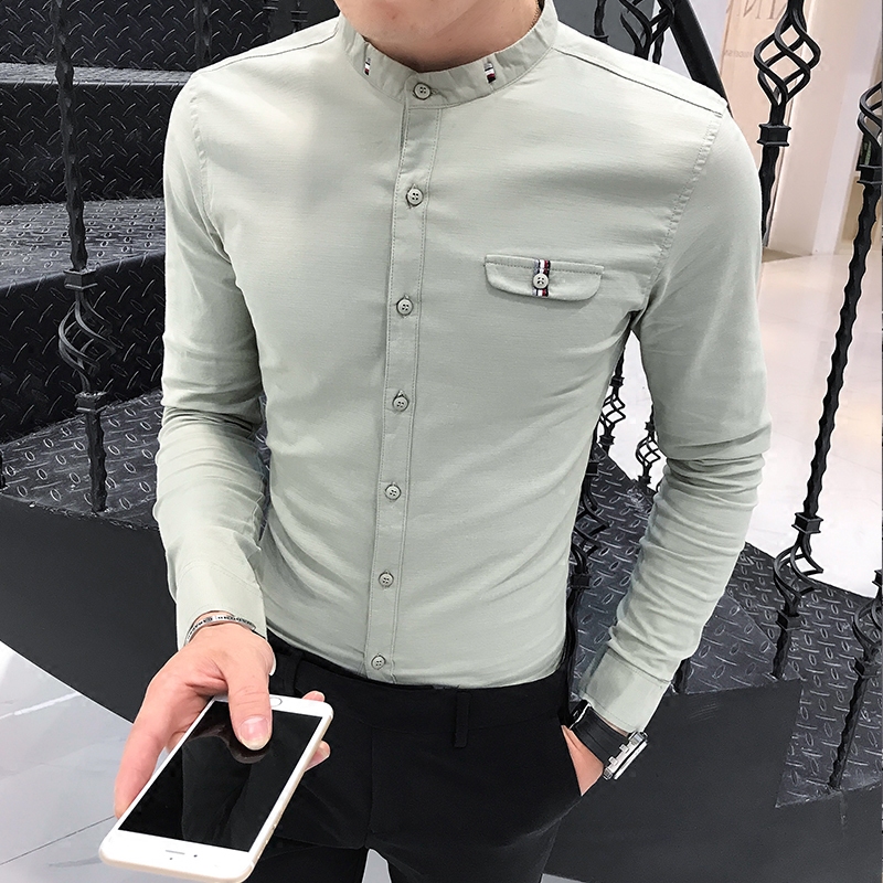 秋季新款男士衬衫长袖潮流修身立领纯色长袖衬衣韩版休闲时尚寸衫