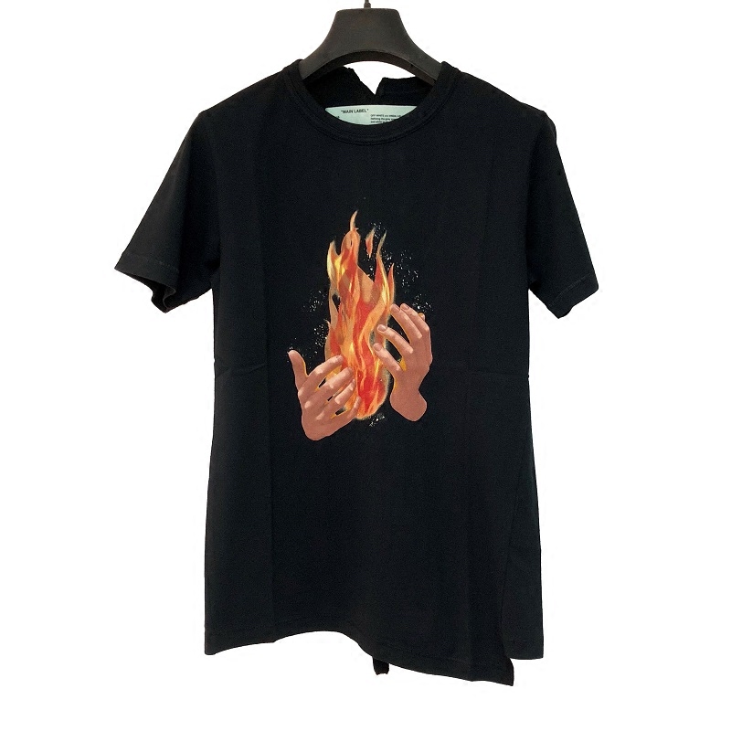 Off-White C/O Virgil Abloh 18Ss Irregular Black Short-Sleeved T-Shirt with Fire Flame Design Tee