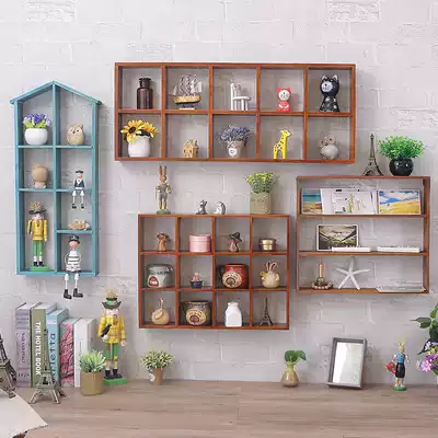 Retro Japanese small lattice solid wood rack hanging wall wall storage cabinet wall wall cabinet