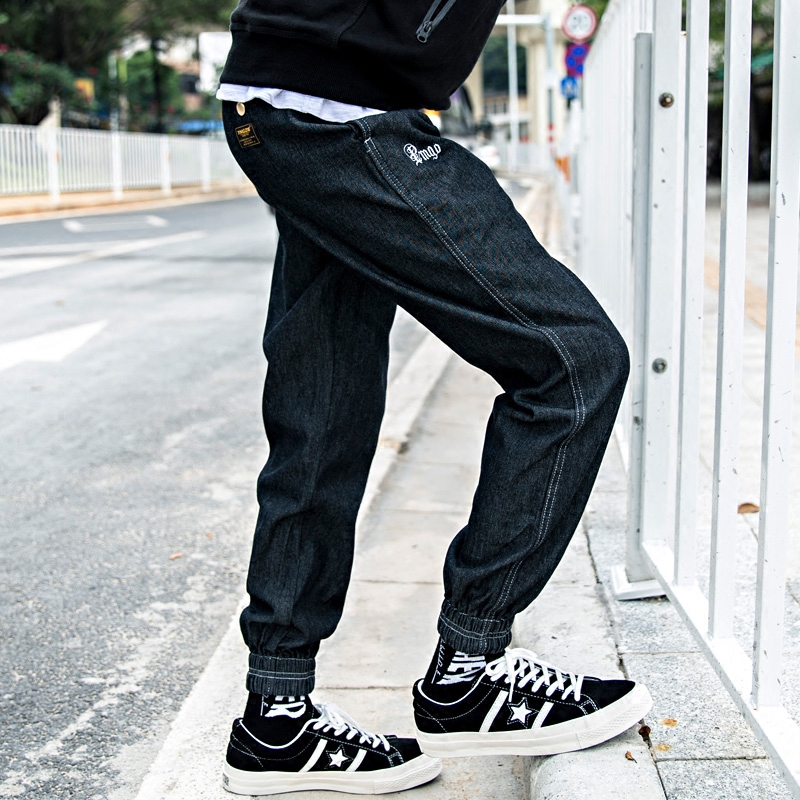 秋冬原色刺绣日系哈伦牛仔裤男士潮流束脚裤宽松嘻哈小脚裤长裤
