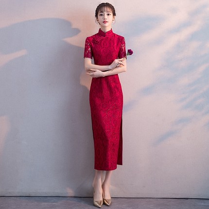 中式新娘敬酒服2019新款红色中长款修身显瘦