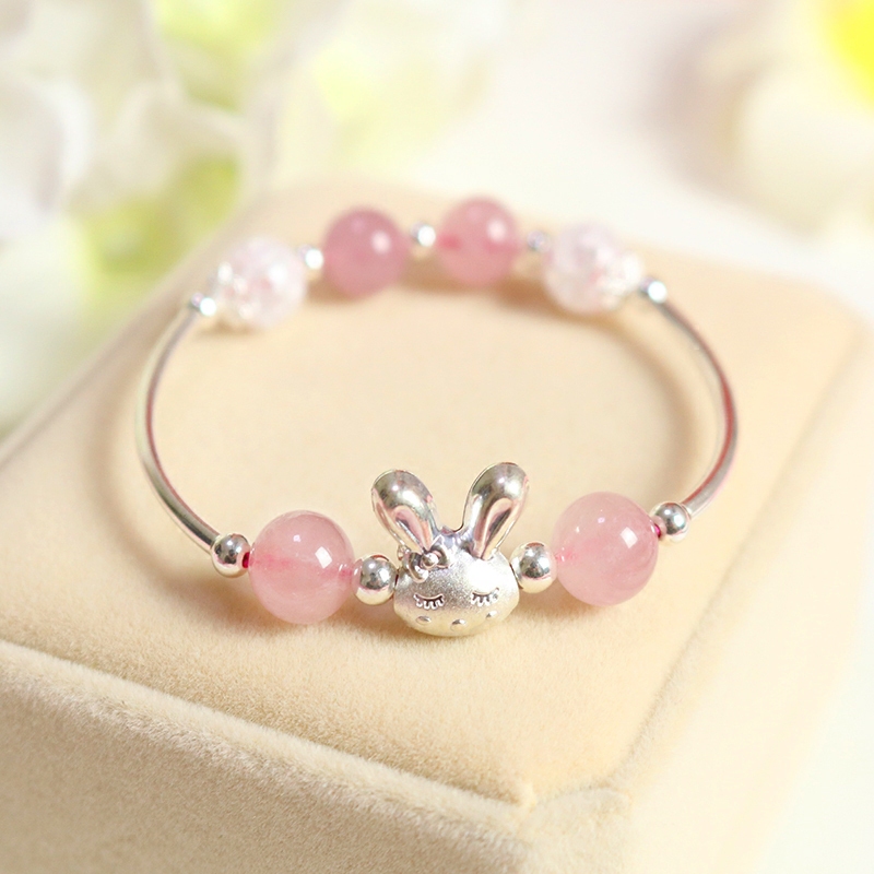 Natural Pink Crystal 925 Sterling Silver Children's Bracelet Parent-Child Best Friend Student Girl Rabbit Birthday Gift